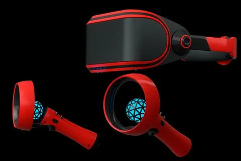 Virtual reality glasses and controllers for online gaming on black background Illustrazione stock