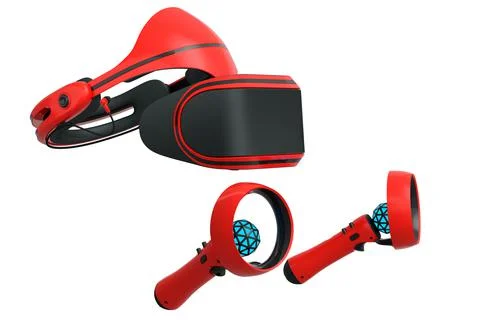 Virtual reality glasses and controllers for online gaming on white background Illustrazione stock