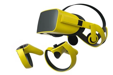 Virtual reality glasses and controllers for online gaming on white background Stock Illustration