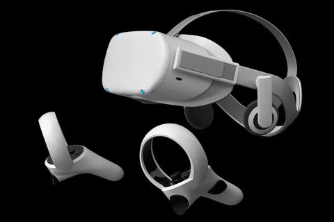 Virtual reality glasses and controllers for online gaming on black background Stock Illustration