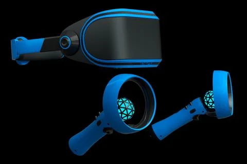 Virtual reality glasses and controllers for online gaming on black background Stock Illustration