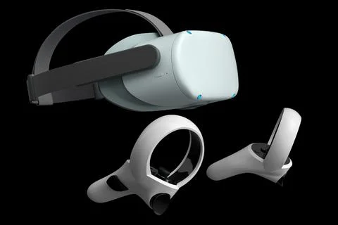 Virtual reality glasses and controllers for online gaming on black background Illustrazione stock