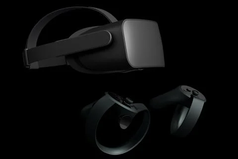 Virtual reality glasses and controllers for online gaming on black background Illustrazione stock