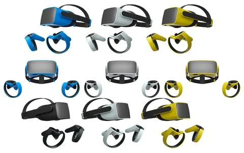 Virtual reality glasses and headset with controllers isolated on white back.. Illustrazione stock