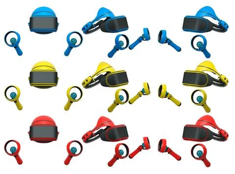 Virtual reality glasses and headset with controllers isolated on white back.. Illustrazione stock