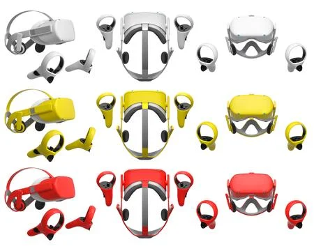 Virtual reality glasses and headset with controllers isolated on white back.. Illustrazione stock