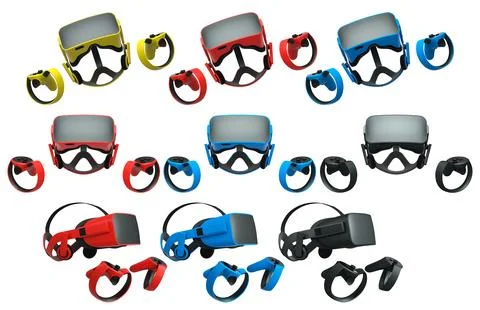 Virtual reality glasses and headset with controllers isolated on white back.. Illustrazione stock