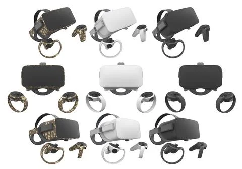 Virtual reality glasses and headset with controllers isolated on white back.. Illustrazione stock