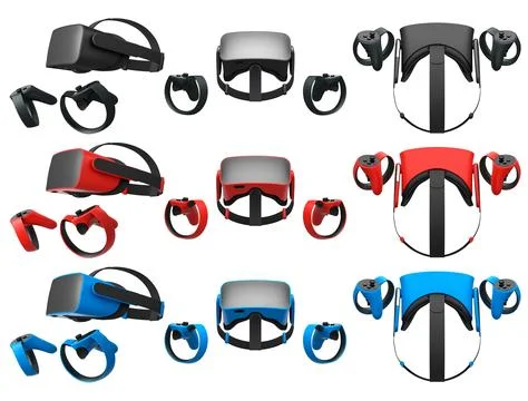 Virtual reality glasses and headset with controllers isolated on white back.. Illustrazione stock