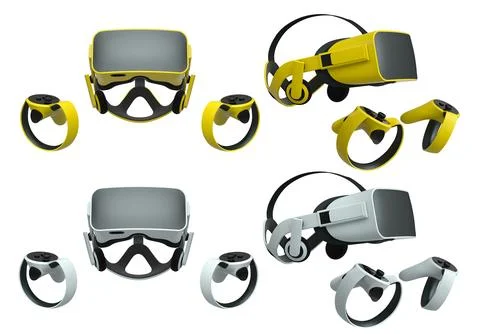 Virtual reality glasses and headset with controllers isolated on white back.. Illustrazione stock