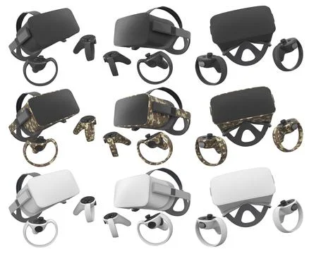 Virtual reality glasses and headset with controllers isolated on white back.. Illustrazione stock