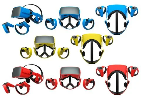 Virtual reality glasses and headset with controllers isolated on white back.. Illustrazione stock