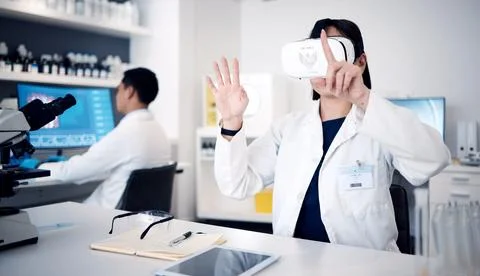Virtual reality, glasses and science with scientist woman in 3d metaverse Stock Photos