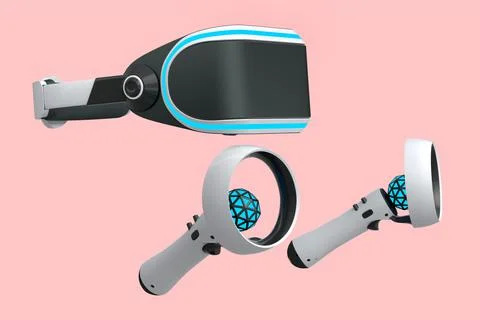 Virtual reality glasses and white controllers for online gaming on pink Illustrazione stock