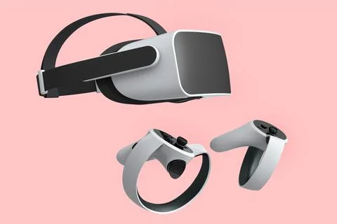 Virtual reality glasses and white controllers for online gaming on pink Stock Illustration