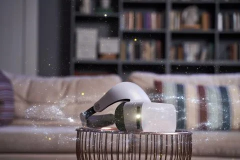 Virtual reality glasses on the table against the apartment on background Stock Photos