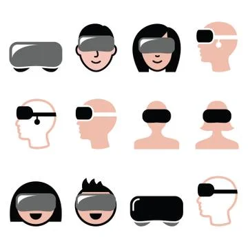 Virtual reality headset for 3D gaming, viewing icons Stock Illustration