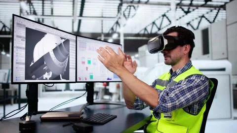 Virtual Reality Headset And Industrial Factory. VR Technology Stock Footage 287829925