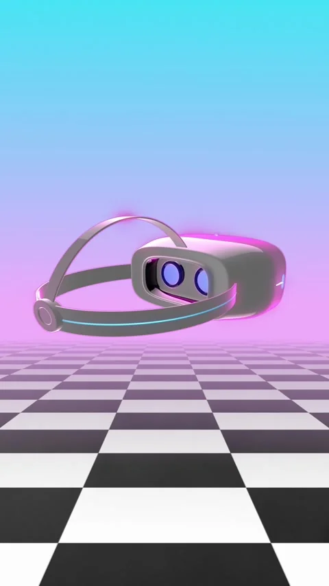Virtual Reality Headset On Checkered Vaporwave Background Vertical Stock Footage 231161906