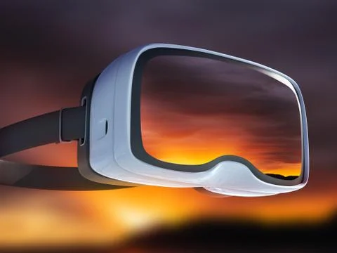Virtual reality headset, double exposure, blue color of mountains during suns 스톡 사진