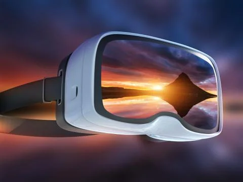 Virtual reality headset, double exposure, The picturesque sunset over landsca Foto stock