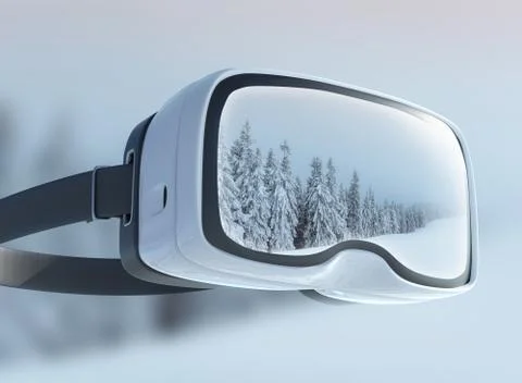 Virtual reality headset, double exposure. Mysterious winter landscape majesti Stock Photos