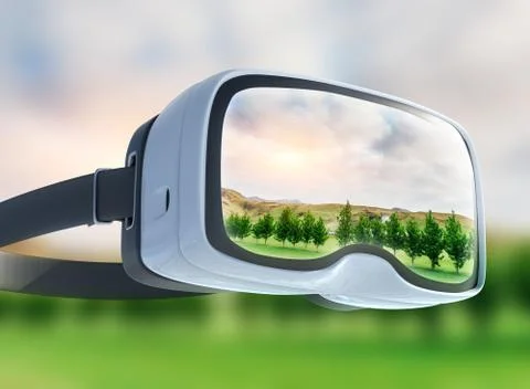 Virtual reality headset, double exposure, Green field under the sun Stock Photos