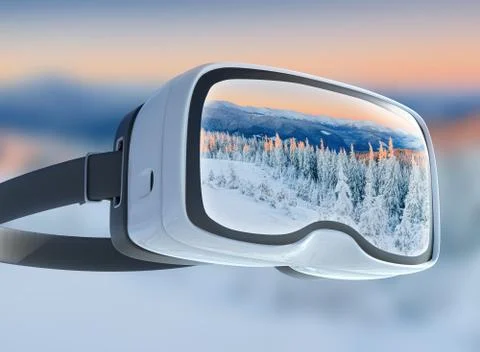 Virtual reality headset, double exposure, Winter mountains majestic landscape Stock Photos