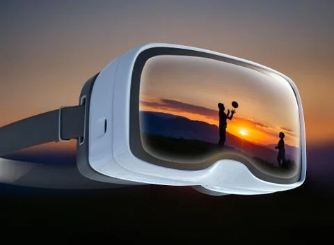 Virtual reality headset, double exposure, silhouette people on sunset Stock Photos
