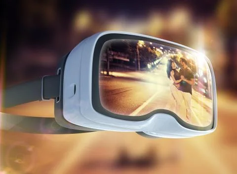 Virtual reality headset, double exposure. Young couple dancing tango on the q Foto stock