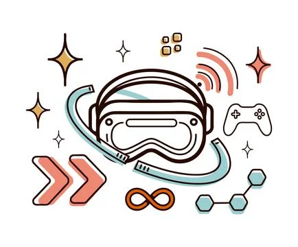 Virtual reality headset with gaming controller and wireless signal. Stock Illustration