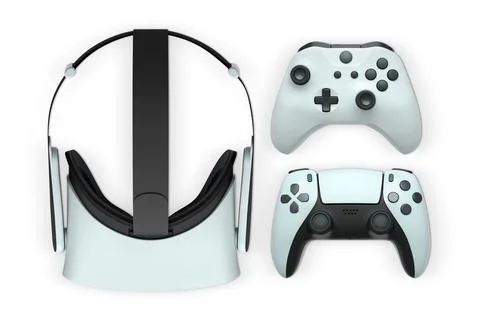 Virtual reality headset with gaming controllers, isolated on white background Stock Illustration