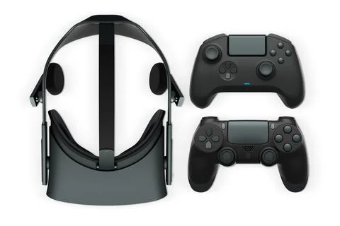 Virtual reality headset with gaming controllers, isolated on white background Stock Illustration