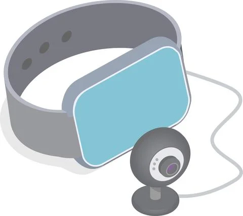 Virtual reality headset glasses and webcam connected to computer. Stereoscopic Illustrazione stock