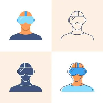 Virtual reality headset icon set in flat and line style Stock Illustration
