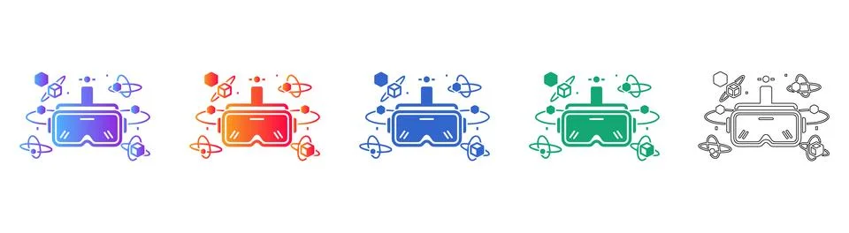 Virtual Reality Headset Icon Set with Orbiting Elements Stock Illustration