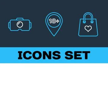 Virtual reality headset, location pin with 18 plus symbol, and shopping bag.. Stock-Illustration