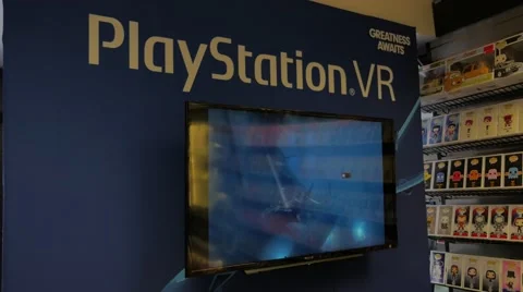 Virtual Reality Headset Sony Playstation VR Store Demo Screen Video stock 65889554