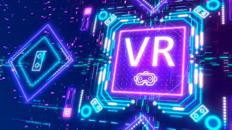 Virtual reality headset symbol 3d render on digital background. VR technology Stock Illustration