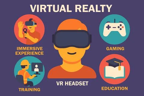 Virtual reality headset user experiencing immersive gaming education and tr.. Illustrazione stock