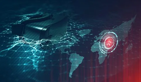 Virtual reality headset in world wide network. Illustrazione stock