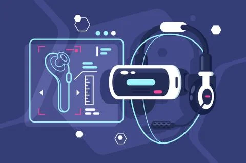 Virtual reality helmet with controller, headphones and microphone. Illustrazione stock