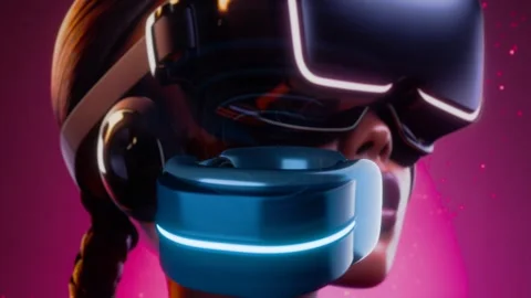 A virtual reality helmet rotates against the background of a concept Vidéo 273628867