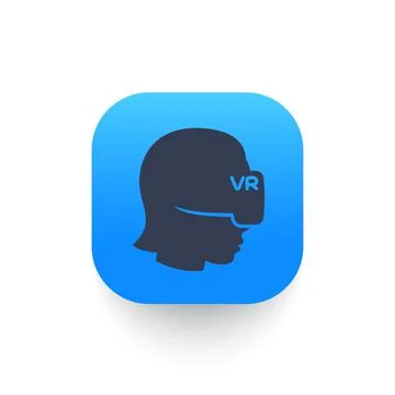 Virtual reality icon on blue shape, girl in VR glasses 스톡 일러스트