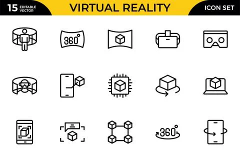 Virtual reality icon set. It contains VR, augmented reality, headset, immer.. Stock Illustration