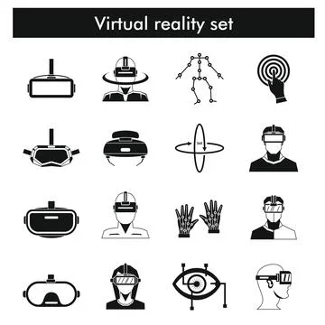 Virtual reality icons set in black line style 스톡 일러스트
