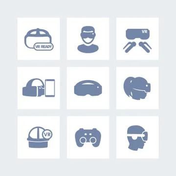 Virtual reality icons set, man in VR headset, vr ready sign Illustrazione stock