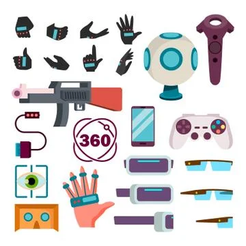Virtual Reality Icons Set Vector. Virtual Reality VR Accessories. Weapon, Gloves Stock Illustration