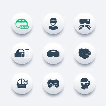Virtual reality icons set, VR headset, glasses, vr ready pictogram, vector il Illustrazione stock