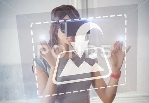 Virtual reality interface with business woman using 3D glasses in office PSD Template